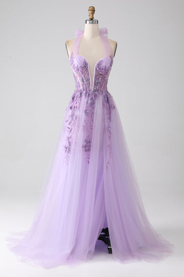 Grigio Viola A-Line Halter Neck in rilievo Abito lungo Prom